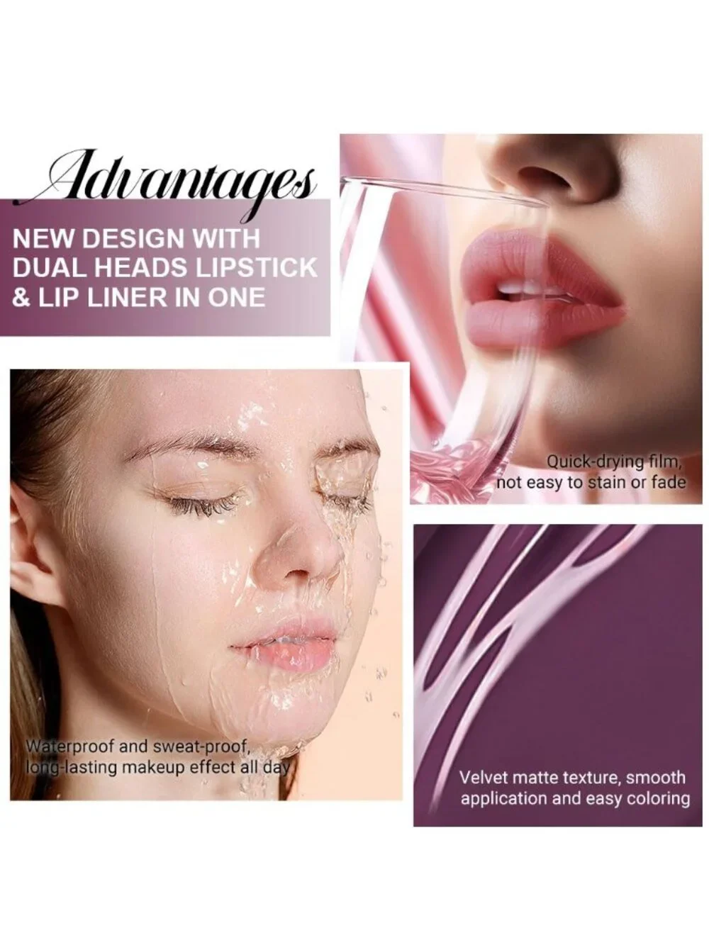 01#-Dark Plum Purple 2-in-1 Waterproof Long Lasting Double-Ended Liquid Lipstick